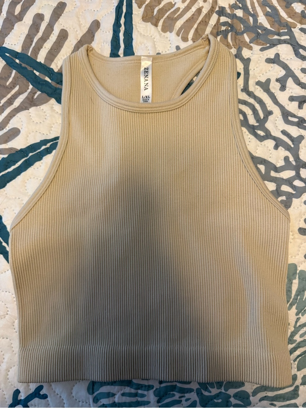 Zenana Outfitters Ribbed High-Neck Crop Tank in Taupe